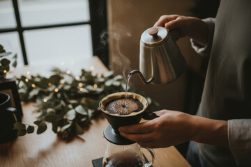 Person making pour over coffee with a gooseneck kettle