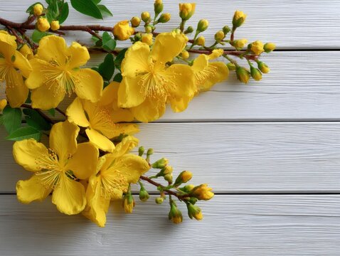 Yellow flowers and buds lie on a gray horizontal wood surface - Powered by Adobe