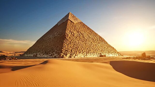Majestic pyramid stands tall against a golden desert sunset, a timeless wonder.
