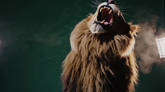 A roaring lion isolated on a green screen background, showcasing strength and power.