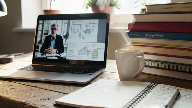 A desktop setup featuring a laptop displaying a lecture, notebook, books, and a mug with warm drink