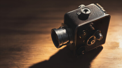 tennessine. Vintage movie camera on a wooden surface with warm lighting. tutorial guides, club newsletters, designed for tourism and weekend activity guides, inspires participation.