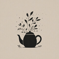 Botanical Teapot Illustration with Growing Tea Leaves
