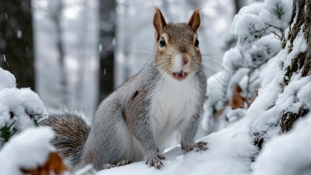 Squirrel in snowy forest, showcasing playful behavior and curiosity, as it explores the snowy ground, camera captures dynamic angles and close-ups of its expressive features