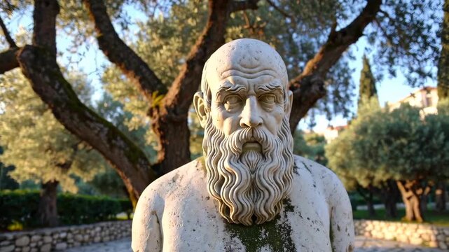 A detailed marble statue of an old bearded philosopher set against a blurred natural park background.