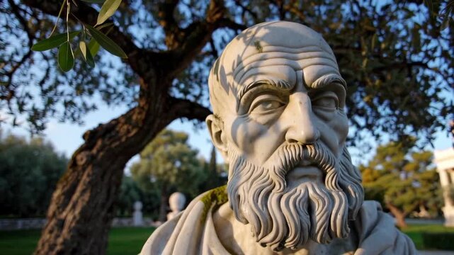 A detailed marble statue of an old bearded philosopher set against a blurred natural park background.