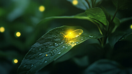 Obraz premium Magical firefly glowing on leaf in nighttime forest 