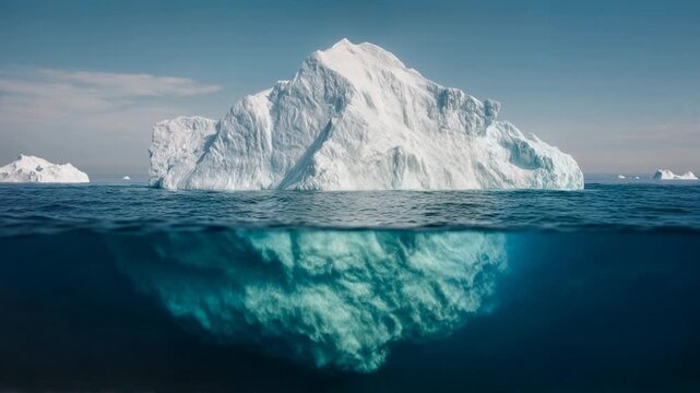 Massive iceberg floats in calm polar sea with underwater reflection emphasizing climate change fragile environment and breathtaking arctic landscape