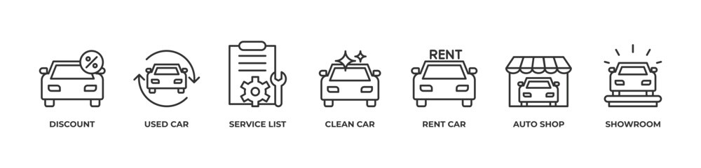 Wheels and Deals Icons set vector illustration outline with Discount , Used car, Service list, Clean car, Rent car, Auto shop, Showroom