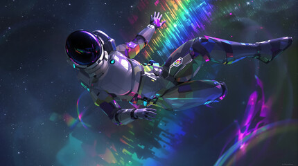 Astronaut floating in space with vibrant rainbow lights