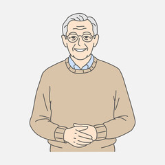 Cartoon illustration of a friendly senior man wearing thin glasses and a beige sweater while smiling