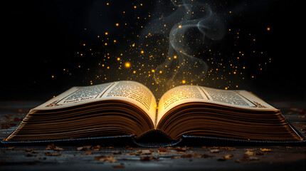 Magical book with glowing pages and sparks flying out