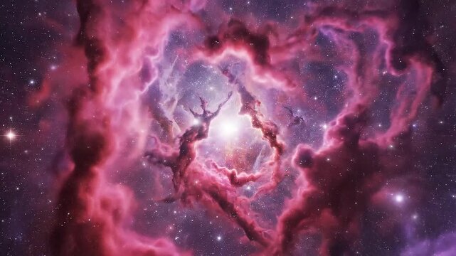 Heart-shaped nebula glowing with vibrant pink and purple cosmic gas and dust
