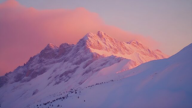 Snow covered mountain peaks at sunset with pink clouds - Powered by Adobe
