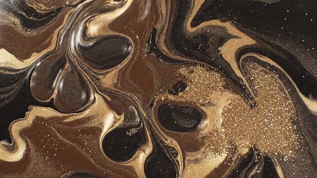 Dynamic swirling fluid art texture with opulent gold, rich brown, and deep black pigments creating an abstract, luxurious pattern