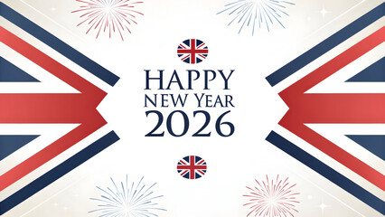 Happy new year 2026 celebration with union jack flags and fireworks on white background for uk festivities and greetings