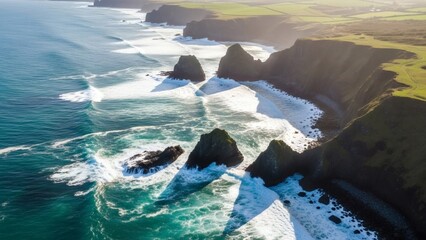 Rugged coastline with waves crashing against rocky shores