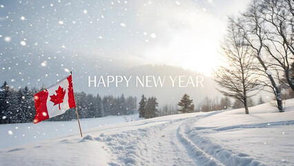 Canadian flag waves in snowy landscape with trees and happy new year text, winter scenery with snowflakes and tire tracks