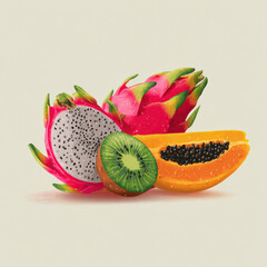 Fresh Tropical Fruits Composition with Dragon Fruit, Kiwi, and Papaya
