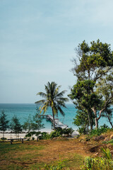 Obraz premium Palm and wooden pier, turquoise sea at Klong Chao Beach, Koh Kood