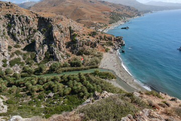 Aerial View of Preveli Beach with River and Palm Trees