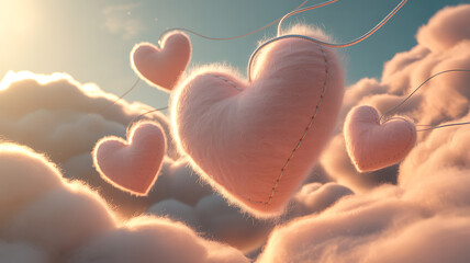 Fluffy pink heart balloons floating in sunny sky with soft clouds