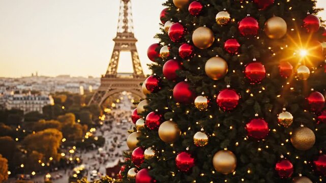 Christmas Tree With Gold and Red Ornaments at Paris Viewpoint With Eiffel Tower Background