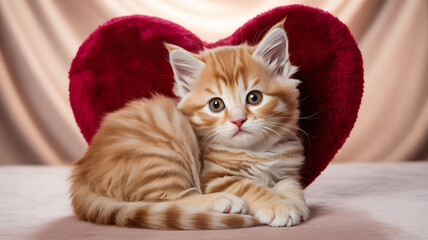 Adorable orange kitten snuggles in red heart pillow