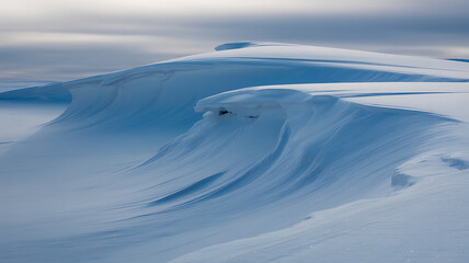 Snowy landscape with smooth blue waves under cloudy sky