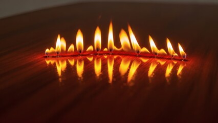 Row of candles burning on a reflective surface
