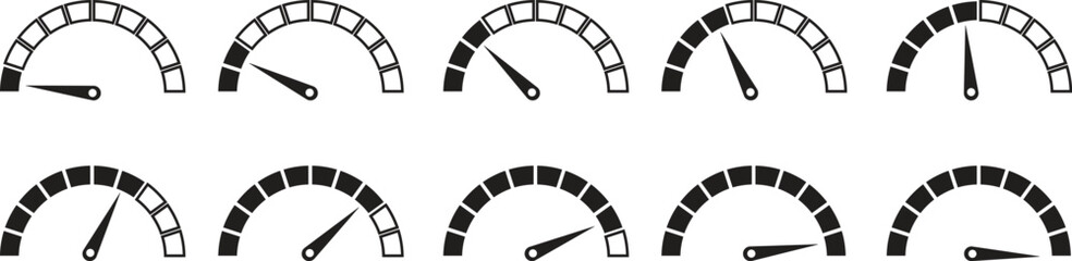 Speed Meter Icon set. Speed indicator sign. Performance concept. Fast speed sign. Vector level of performance. Speed dial indicator. Infographic of risk, gauge, score progress.