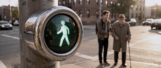 Walk signal shows green light as two people cross street