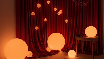Glowing orbs on red curtain background