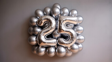 Silver balloons forming the number 25 on gray background for celebration
