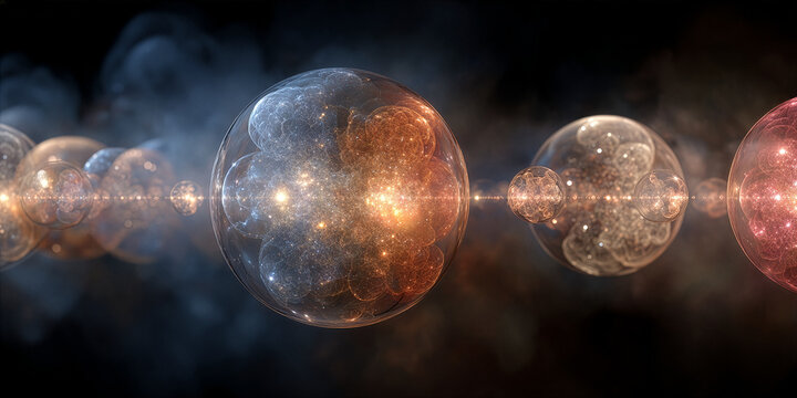 Quantum simulation of a parallel universe, floating multiverse spheres.
