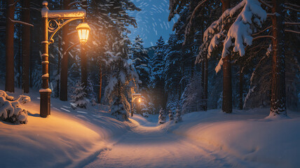Snowy forest path lit by vintage street lamps at dusk