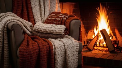 Cozy armchair with blankets by the fireplace on a cold winter night