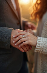 Obraz premium Couple holds hands. Woman wears stacked wedding bands on her left ring finger. Golden light glows on intertwined fingers. Gentle connection signifies love, commitment, and future together.