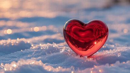 Red heart glistens in snowy landscape with warm light