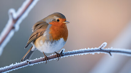 Robin perched on frosty branch in winter