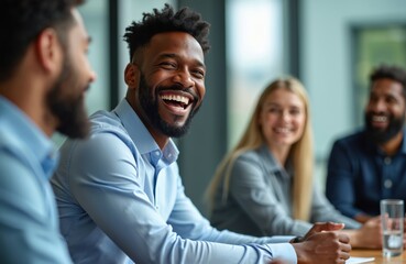 Diverse group of colleagues laugh during office meeting. People share ideas and work together in modern boardroom. Teamwork fuels corporate success, fostering positive workplace synergy.