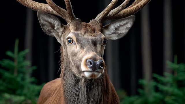 Majestic deer with impressive antlers gazes into the camera, showcasing its detailed features and natural habitat, as the camera smoothly pans to capture its profile and surroundings