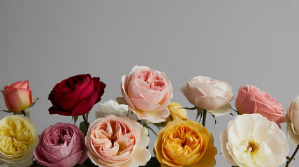 Vibrant roses in various colors on gray