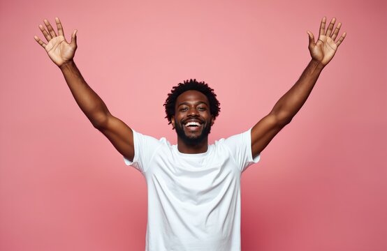 Smiling black man with arms raised celebrates success in studio. Person shows joy and happiness with open palms looking at camera. Energetic male expresses extreme excitement and victory.