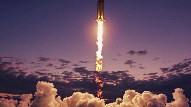A rocket ascends into a colorful sunset sky with bright flames and thick smoke trailing behind.