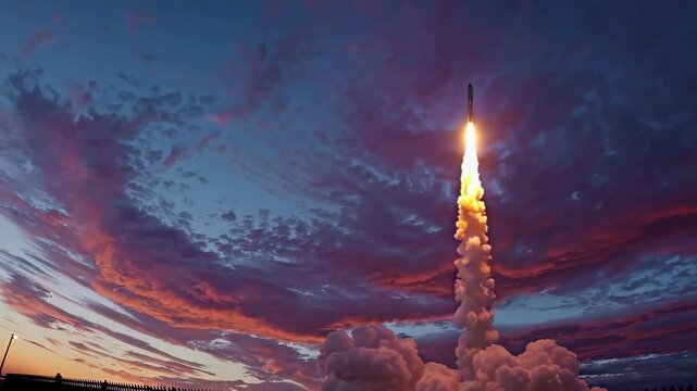 A rocket ascends into a colorful sunset sky with bright flames and thick smoke trailing behind.
