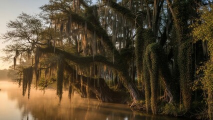 Misty swamp landscape with spanish moss