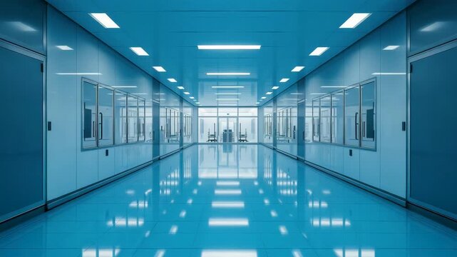 Long blue hospital corridor with glossy floor, glass walls, ceiling lights, and empty hallway perspective