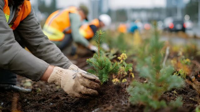 Close up of people planting pine saplings in a city park, focusing on teamwork and environmental care. The scene highlights urban greening efforts and eco friendly community action