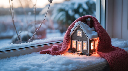Cozy miniature house with red scarf on snowy windowsill in winter
